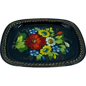 Vintage Russian Black Metal Floral Flower Trinket Jewelry Tray